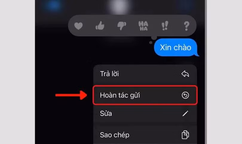 Chọn “Hoàn tác gửi” để thu hồi tin nhắn.