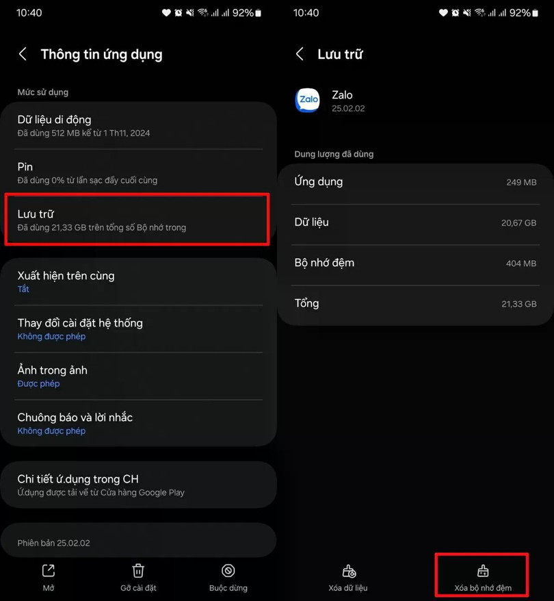 Vào mục “Lưu trữ” > Nhấn “Xóa bộ nhớ đệm”. Vào mục “Lưu trữ” > Nhấn “Xóa bộ nhớ đệm”.