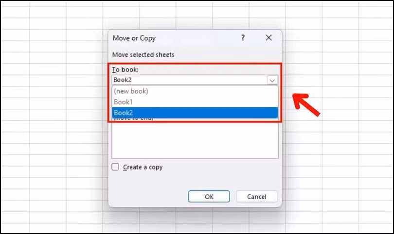 Khi hộp thoại Move or Copy xuất hiện