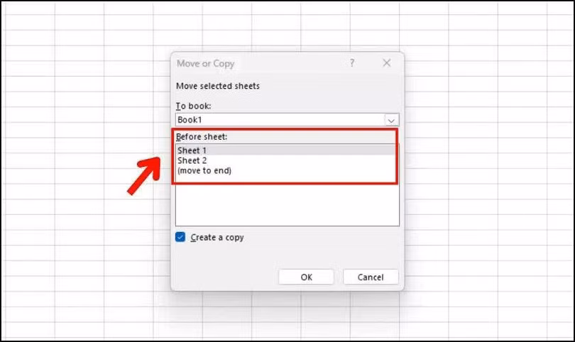 Khi hộp thoại Move or Copy xuất hiện.