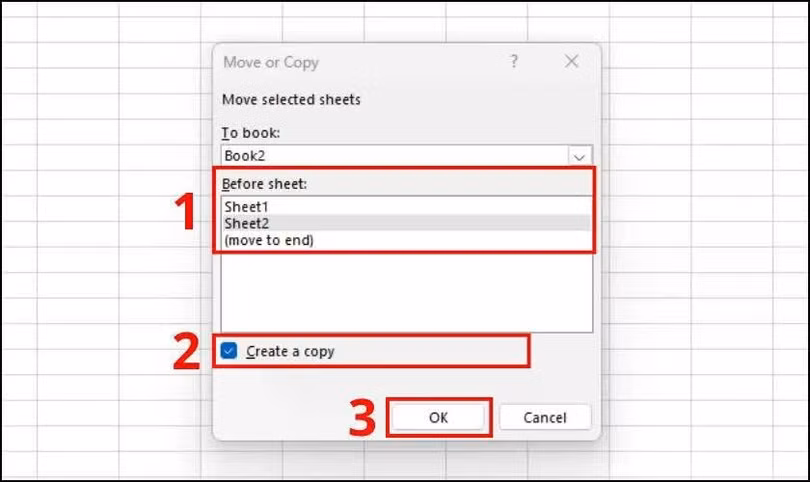 Ở mục Before sheet, chọn vị trí mà bạn muốn đặt sheet sau khi sao chép.