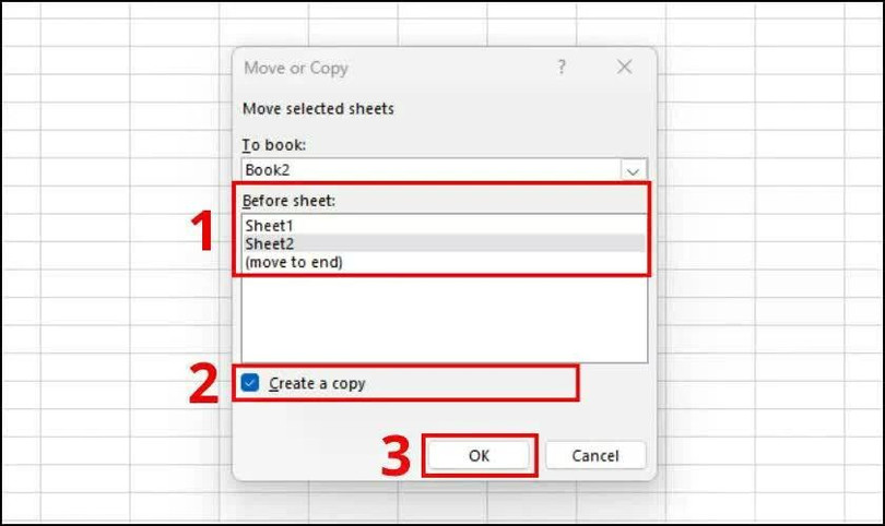 Ở mục Before sheet, chọn vị trí mà bạn muốn đặt sheet sau khi sao chép.