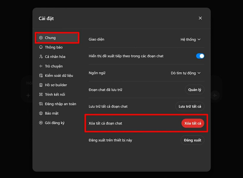 Trong mục Cài đặt, vào Chung rồi chọn Xóa tất cả đoạn chat.
