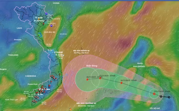 Dự báo đường đi và khu vực ảnh hưởng của áp thấp nhiệt đới, lúc 7h ngày 25/11. Ảnh: Hệ thống giám sát thiên tai Việt Nam.