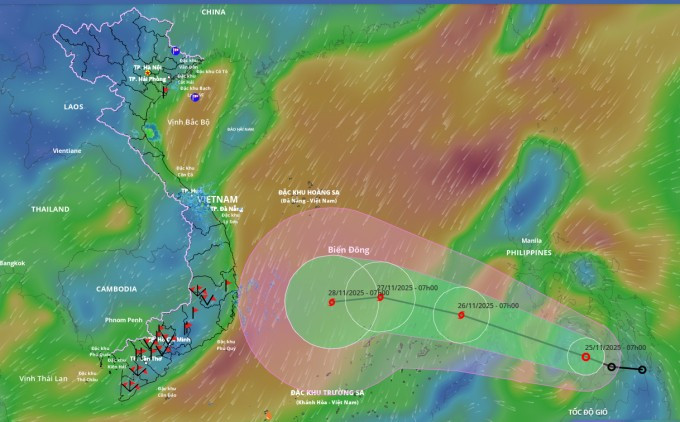 Dự báo đường đi và khu vực ảnh hưởng của áp thấp nhiệt đới, lúc 7h ngày 25/11. Ảnh: Hệ thống giám sát thiên tai Việt Nam.