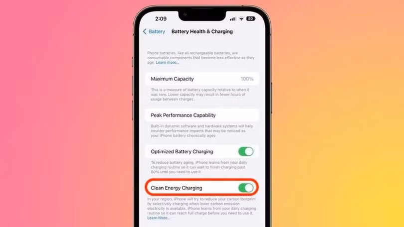 Tính năng Clean Energy Saving (Sạc pin năng lượng sạch) trên iPhone tại Mỹ. Ảnh: MacRumos.
