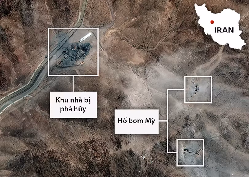 Thiệt hại tại cơ sở hạt nhân Fordow của Iran trong ảnh vệ tinh công bố ngày 26/6. Ảnh: AP