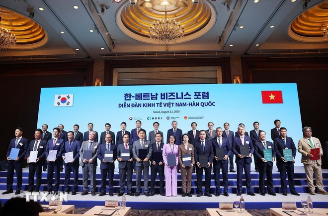Tổng Bí thư Tô Lâm và Thủ tướng Hàn Quốc Kim Min Seok chứng kiến các đơn vị, doanh nghiệp trao thỏa thuận hợp tác. (Ảnh: Thống Nhất/TTXVN) Tổng Bí thư Tô Lâm và Thủ tướng Hàn Quốc Kim Min Seok chứng kiến các đơn vị, doanh nghiệp trao thỏa thuận hợp tác. (Ảnh: Thống Nhất/TTXVN)
