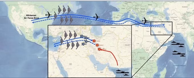 Máy bay và tàu ngầm Mỹ tiến hành đòn tấn công vào Iran. Đồ họa: Bộ Quốc phòng Mỹ