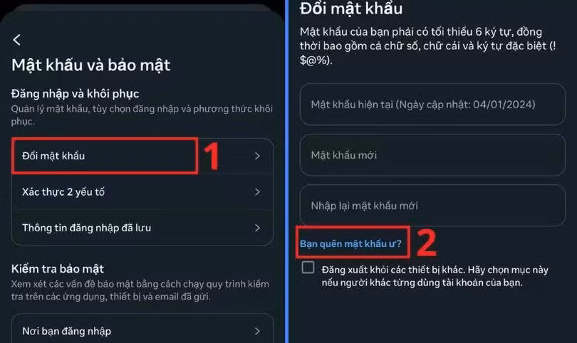 Nhấn Đổi mật khẩu và chọn Bạn quên mật khẩu?