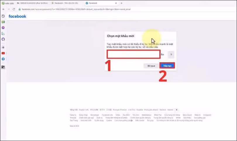 Nhập mật khẩu mới (tối thiểu 6 ký tự) rồi chọn Tiếp tục để hoàn tất việc đặt lại mật khẩu.