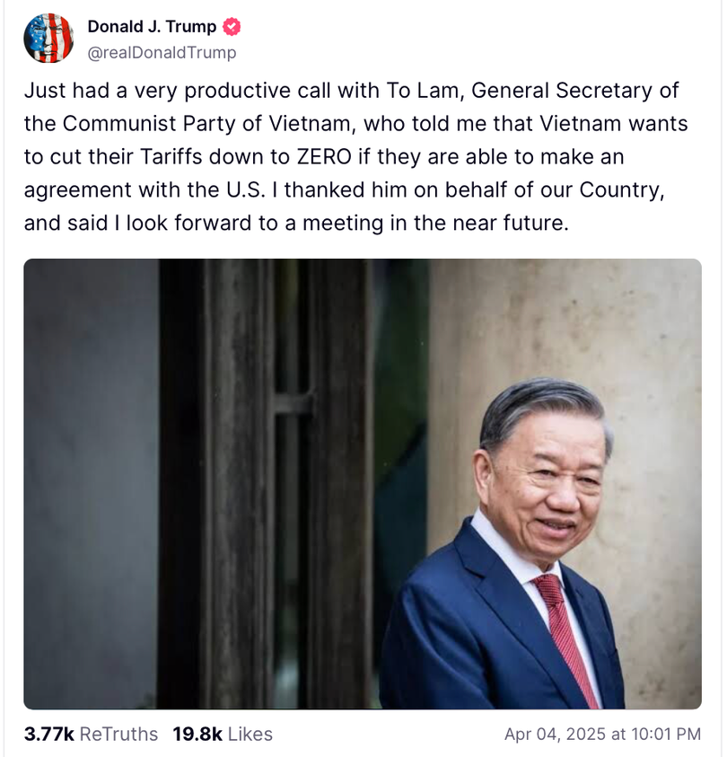 Trưa 4/4/2025, Tổng thống Mỹ Donald Trump cho biết , ông vừa “có một cuộc điện đàm rất hiệu quả” với Tổng Bí thư Đảng Cộng sản Việt Nam Tô Lâm. Ảnh chụp màn hình