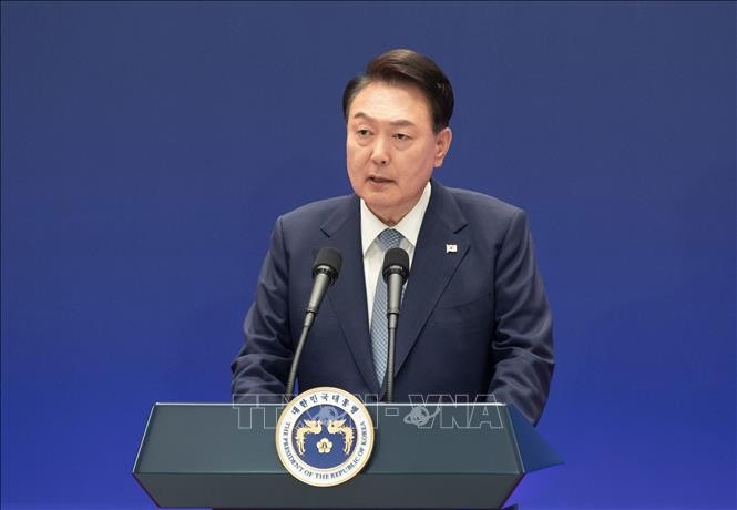 Tổng thống Hàn Quốc Yoon Suk Yeol phát biểu tại Seoul ngày 27/5/2024. Ảnh: THX/TTXVN