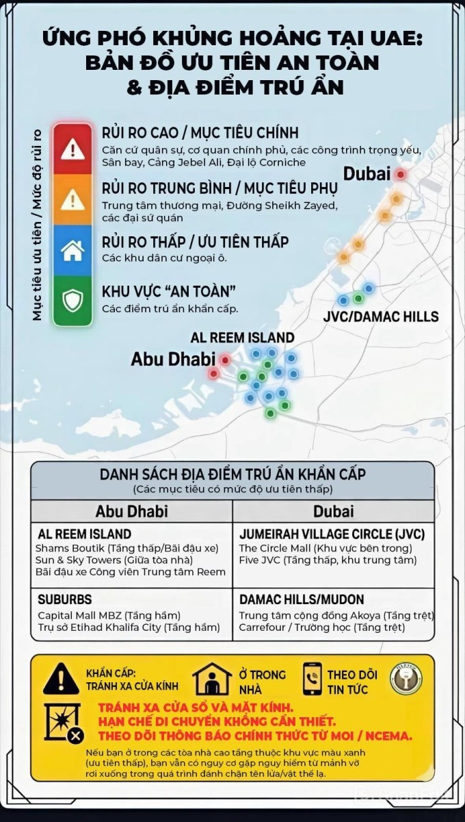 Bản đồ các khu vực rủi ro, điểm trú ẩn an toàn tại UAE. Đồ họa: ĐSQ Việt Nam tại UAE