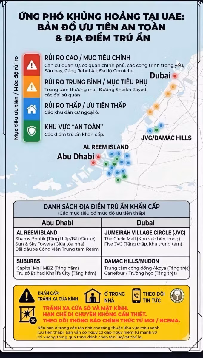 Bản đồ các khu vực rủi ro, điểm trú ẩn an toàn tại UAE. Đồ họa: ĐSQ Việt Nam tại UAE