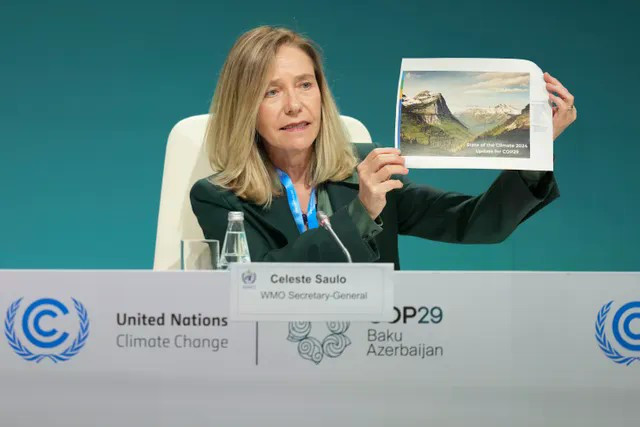 Tổng Thư ký WMO Celeste Saulo phát biểu trong phiên họp tại Hội nghị COP29, ngày 11/11 (Ảnh: AP)