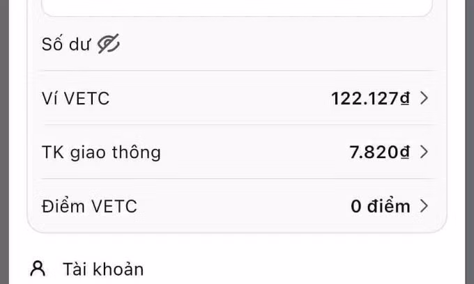 Cách gọi tên các tài khoản trong VETC hiện tại. Ảnh chụp màn hình