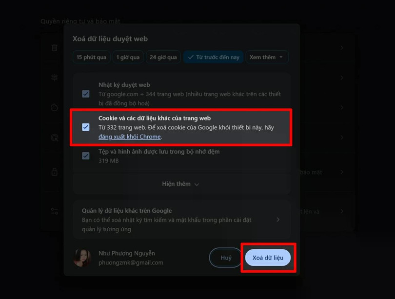 Xóa 2 bộ nhớ đệm (Cache) và Cookies.