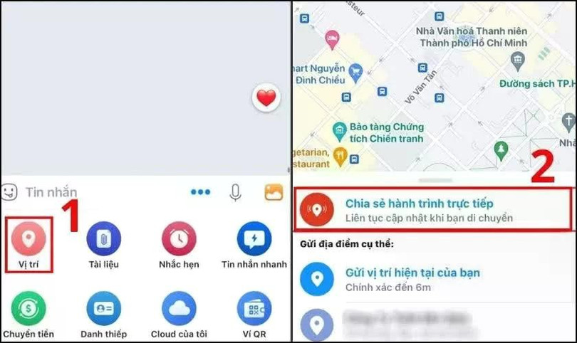 Trong menu hiển thị, chọn Vị trí, sau đó nhấn Chia sẻ hành trình trực tiếp.