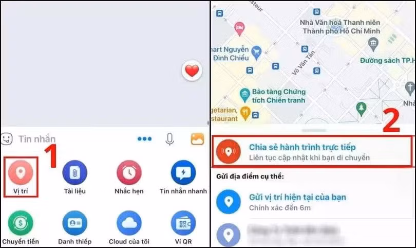 Trong menu hiển thị, chọn Vị trí, sau đó nhấn Chia sẻ hành trình trực tiếp.
