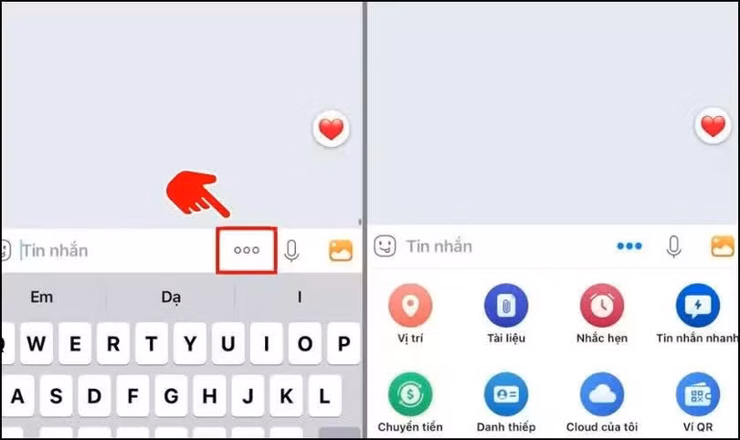 Nhấn vào biểu tượng 3 chấm dưới khung nhập tin nhắn để mở các tính năng mở rộng.