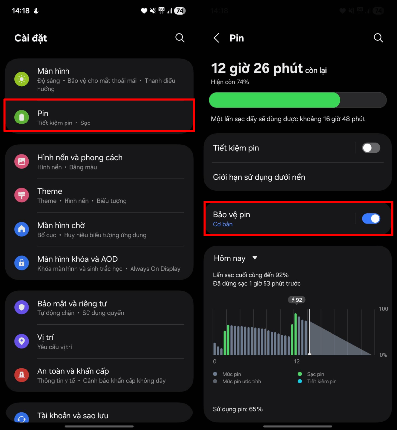 Vào Cài đặt > Pin > Bảo vệ pin.