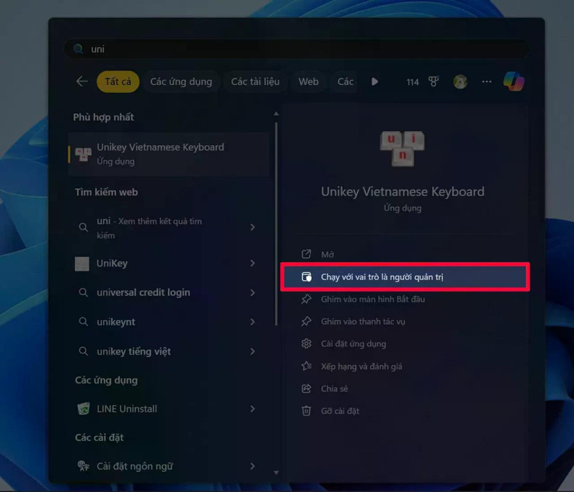Nhấn chuột phải vào biểu tượng Unikey.