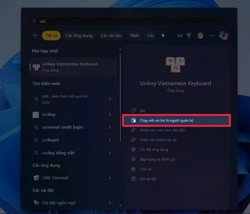 Nhấn chuột phải vào biểu tượng Unikey.