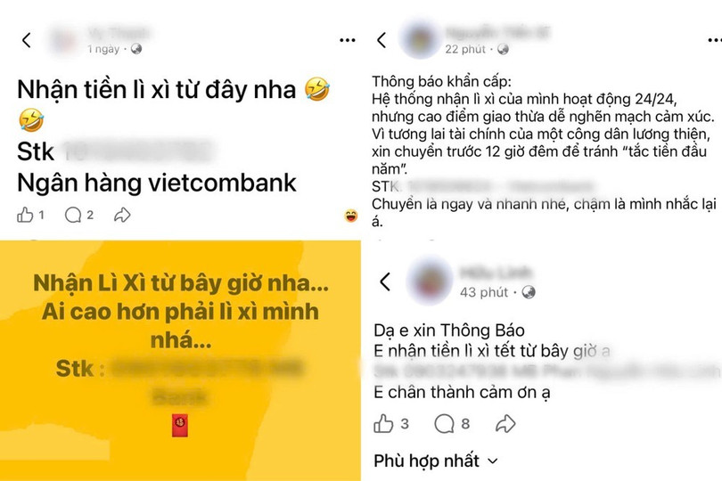 Nhiều bạn trẻ đăng bài công khai số tài khoản nhận lì xì. Ảnh: Chụp màn hình.