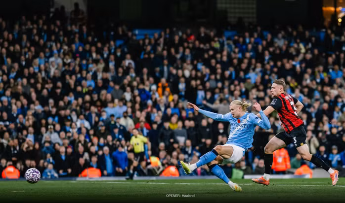 Các hậu vệ Bournemouth bất lực nhìn Haaland ghi bàn mở tỉ số