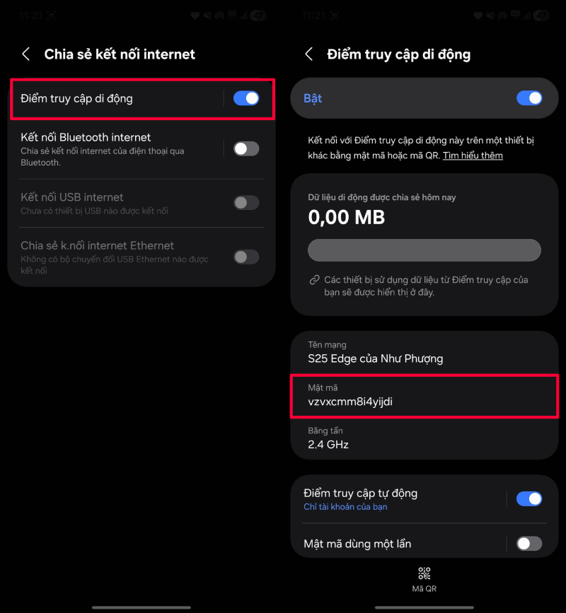 Bật Điểm truy cập di động, vào mục Điểm truy cập di động.