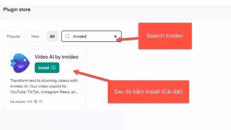 Tìm kiếm plugin có tên Invideo