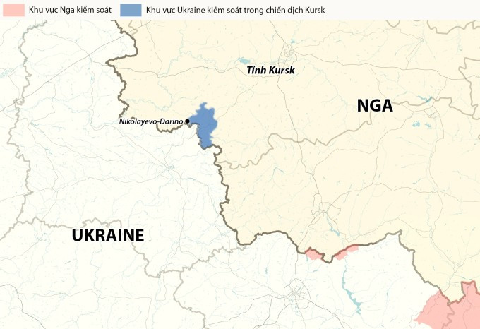 Vị trí làng Nikolayevo-Darino, tỉnh Kursk, Nga. Đồ họa: RYV Vị trí làng Nikolayevo-Darino, tỉnh Kursk, Nga. Đồ họa: RYV