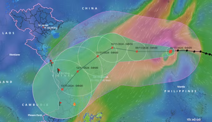 Dự báo hướng đi và khu vực ảnh hưởng của bão Yinxing, sáng 8/11. Ảnh: Hệ thống giám sát thiên tai