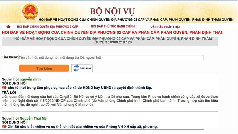 Giao diện chuyên mục “Hỏi đáp về hoạt động của và phân cấp, phân quyền, phân định thẩm quyền”. Giao diện chuyên mục “Hỏi đáp về hoạt động của và phân cấp, phân quyền, phân định thẩm quyền”.