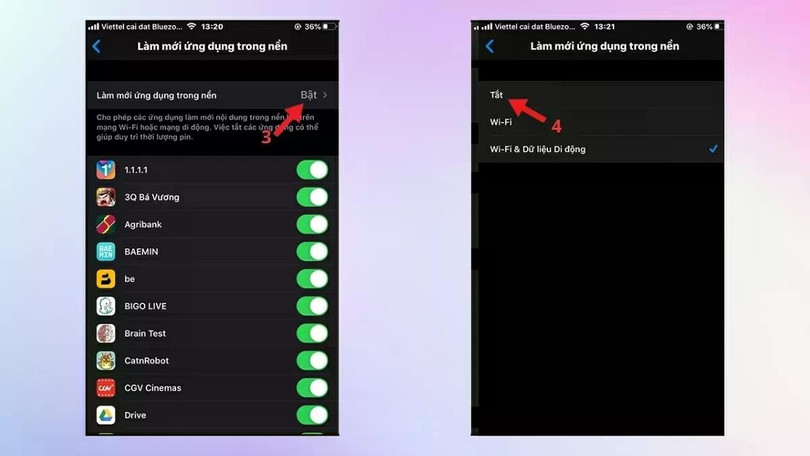 Nhấn vào mũi tên bên phải của Làm mới ứng dụng nền và chuyển sang Tắt.
