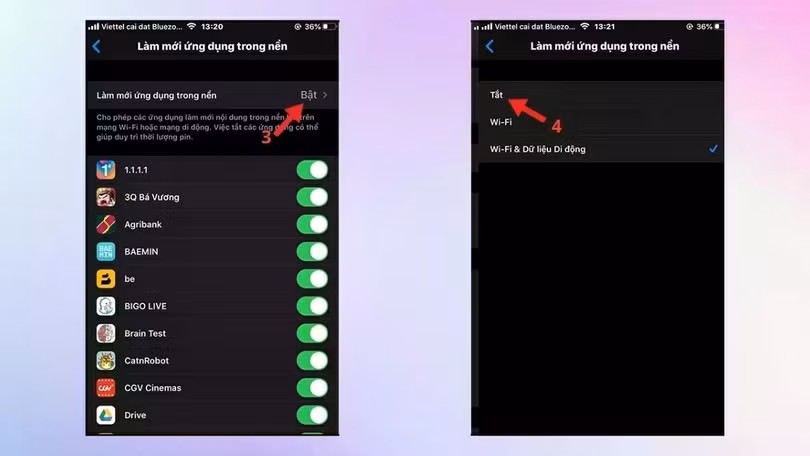 Nhấn vào mũi tên bên phải của Làm mới ứng dụng nền và chuyển sang Tắt.