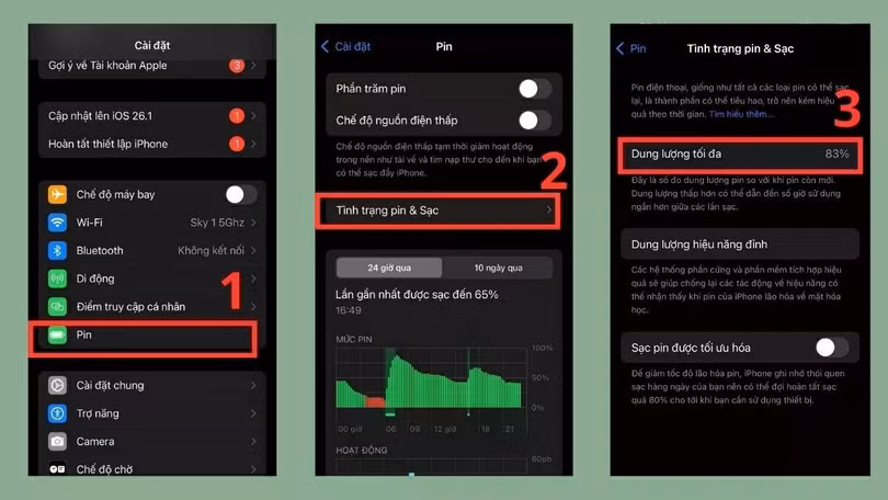 Quan sát Dung lượng tối đa, nếu dưới 80%, nên cân nhắc thay pin.