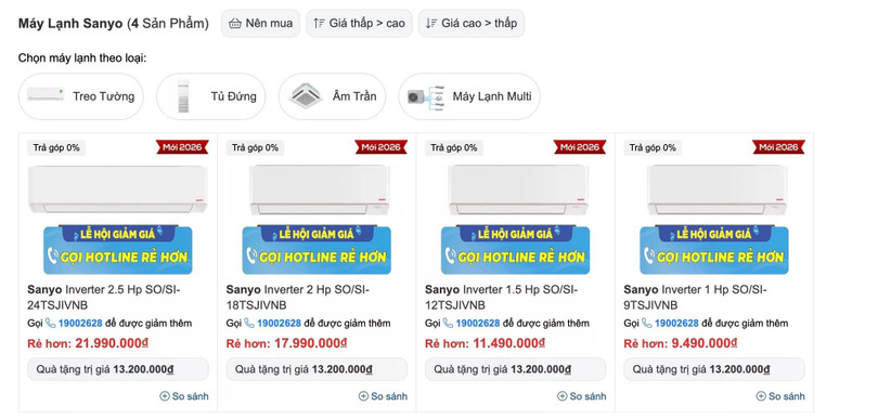 Giá bán máy lạnh Sanyo tại một đại lý chính hãng. Ảnh: ĐMCL.