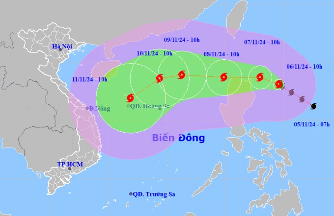 Dự báo đường đi và khu vực ảnh hưởng của bão Yinxing, NGÀY 6/11. Ảnh: NCHMF