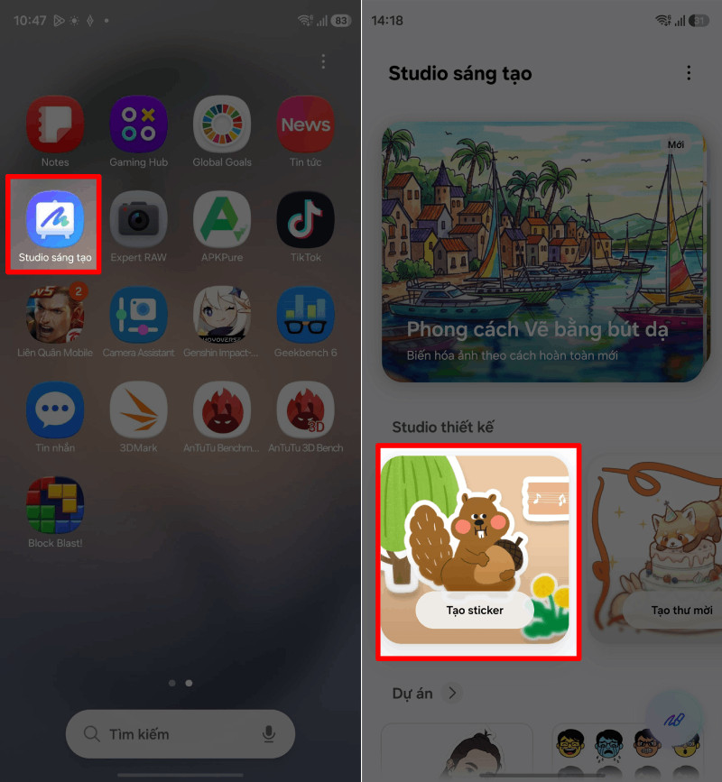 Mở ứng dụng Studio Sáng Tạo trên điện thoại Galaxy.