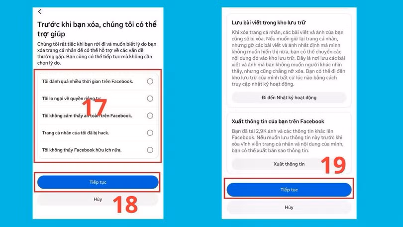 Lựa chọn lý do xóa tài khoản, xác nhận thông tin.