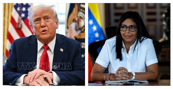 Tổng thống Mỹ Donald Trump và bà Delcy Rodriguez, người hiện đang giữ chức Tổng thống lâm thời Venezuela. Ảnh: IRNA, AFP/TTXVN
