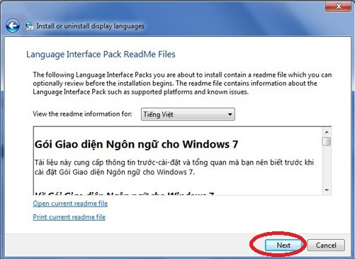 Đổi giao diện tiếng Việt cho Windows: Đọc giới thiệu về gói ngôn ngữ rồi bấm Next để tiến tới cài đặt. Đổi giao diện tiếng Việt cho Windows: Đọc giới thiệu về gói ngôn ngữ rồi bấm Next để tiến tới cài đặt.