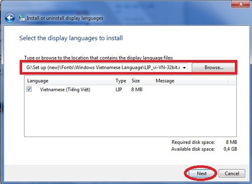Đổi giao diện tiếng Việt cho Windows: Tìm đến nơi bạn tải về gói ngôn ngữ từ bước 1, chọn file, sau đó bấm Next (khoanh đỏ). Đổi giao diện tiếng Việt cho Windows: Tìm đến nơi bạn tải về gói ngôn ngữ từ bước 1, chọn file, sau đó bấm Next (khoanh đỏ).