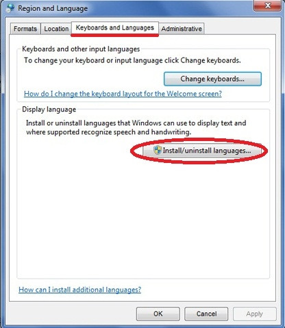 Đổi giao diện tiếng Việt cho Windows: Vào tab “Keyboards and Languages”, rồi bấm nút “Install/uninstall languages…” (khoanh đỏ). Đổi giao diện tiếng Việt cho Windows: Vào tab “Keyboards and Languages”, rồi bấm nút “Install/uninstall languages…” (khoanh đỏ).