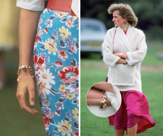 Diana có chiếc vòng tay thể hiện tình yêu dành cho hai con Do món trang sức này mang ý nghĩa rất đặc biệt đối với Diana, bà hiếm khi đeo nó vì sợ làm mất. Chiếc vòng vốn là quà tặng từ Thái tử Charles, ông sẽ gắn thêm lên đó một chiếc charm vào mỗi dịp kỷ niệm của hai người. Loạt charm bao gồm mô hình thu nhỏ của nhà thờ St Paul - nơi họ kết hôn; đôi giày múa ballet bởi Diana yêu môn này; và quan trọng nhất là hai chữ "W" và "H" - được Thái tử Charles thêm vào chiếc vòng khi các con chào đời. 10 điều về thời trang của Công nương Diana ít người biết