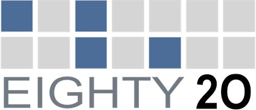 Các ô vuông trong logo của công ty phân tích dữ liệu Eighty20 là mã nhị phân: hàng đầu tiên, 1010000, đại diện cho 80 còn hàng dưới 0010100 đại diện cho 20.