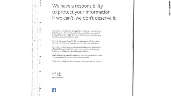 Trang quảng cáo có chữ ký của Mark Zuckerberg, logo Facebook với nội dung xin lỗi người dùng trên các tờ báo giấy của Anh và Mỹ. Ảnh: CNN. zuckerberg mua quang cao tren hang loat bao giay de xin loi