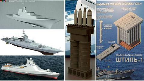 Bên trái, từ trên xuống là tàu chiến thế hệ mới Việt Nam, chiến hạm Project 20385 lớp Gremyashchy và Project 22160; giữa là hệ thống phóng tên lửa đối hạm/đối đất thẳng đứng UKSK; bên phải là hệ thống tên lửa phòng không tầm trung đa kênh Shtil-1 viet nam dong chien ham tang hinh ten lua kalibr va shtil 1